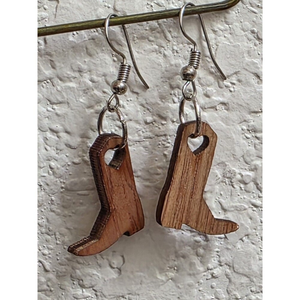 Wooden Cowboy Boot Drop Dangle Earrings Brown Southwest Cowgirl Colorado NWOT